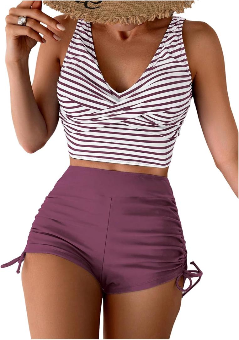 SOLY HUX Women's Striped Tankini Swimsuits V Neck Twist Swim Tops and Drawstring High Waisted Shorts Two Piece Bathing Suit Multicolor, Large