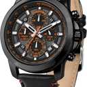 PINDOWS Watches for Men, Men's Analog Quartz Chronograph Watches Waterproof Business Casual Dress Watch with Black Brown Leather Strap (Black Case Black Band Orange Face)