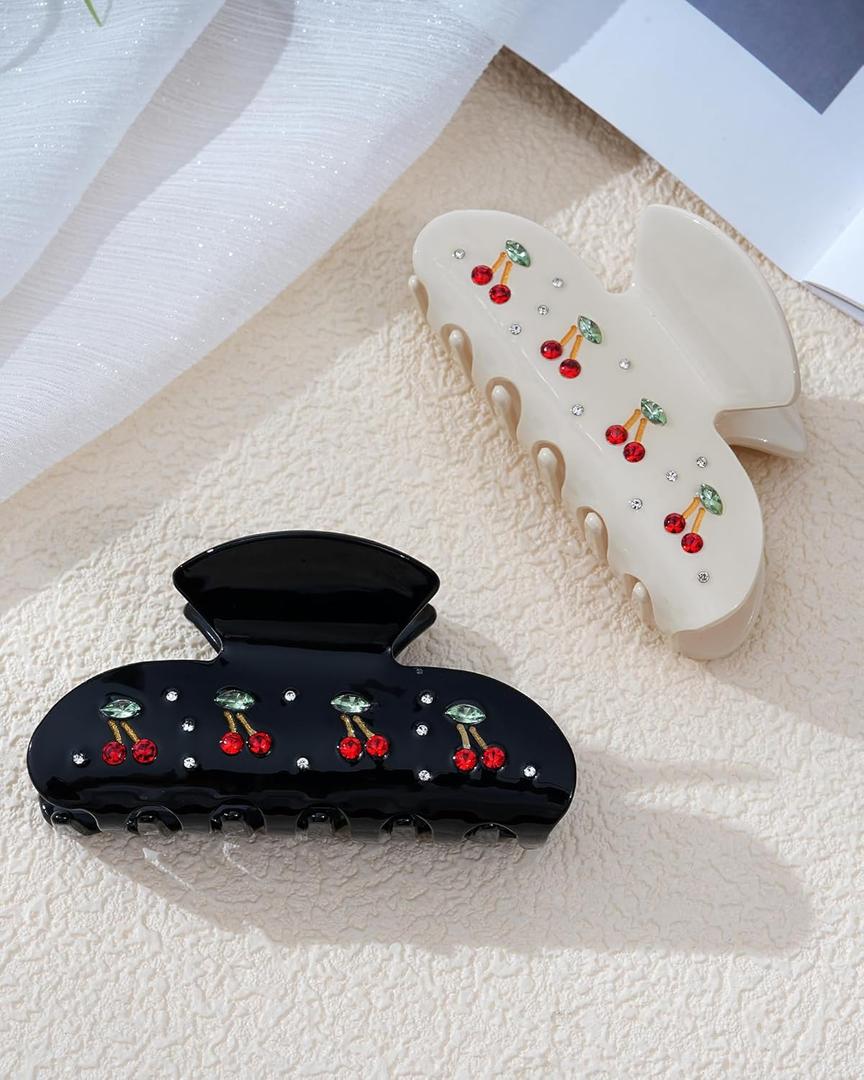 Mesovor 2 Pack Cherry Hair Claw Clips for Women, 3.35" Nonslip Acrylic Cute Claw Clips with Rhinestone Pattern in Red Cherry Shape Hairclips (Cherry: Black, Beige)