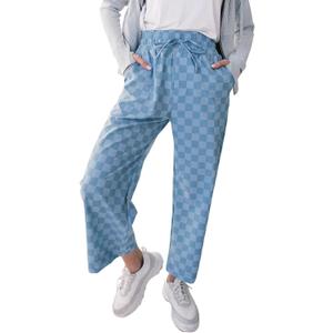 SELINK Women Casual Checkered Elastic High Waist Loose Pajama Pants with Pockets Plaid Straight Wide Leg Soft Daily Trousers (Blue, S)