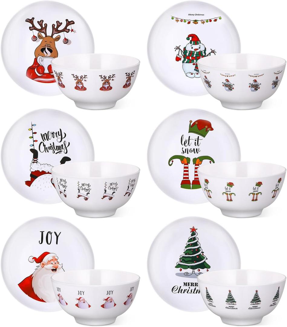 12 Pcs Christmas Melamine Dinner Plates and Bowl Service for 6 Guest with 6in Bowl 10in Plates Reusable Dinnerware Sets Xmas Party Supplies Gifts Festive Holiday Tableware Collection