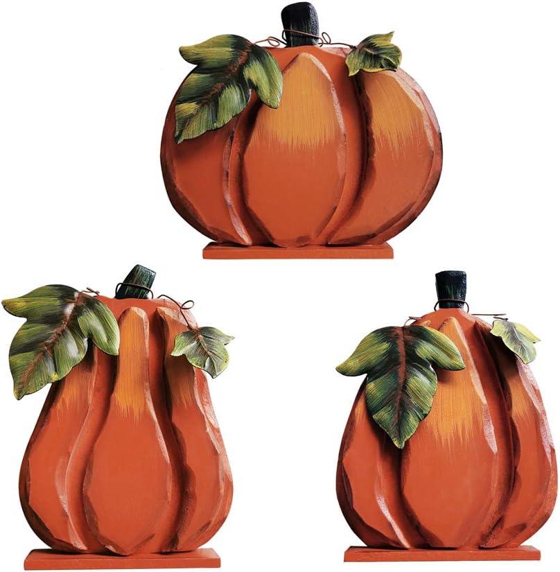 Rustic Wood Fall Pumpkin Decor, Indoor Standing Flat Pumpkin Decoration for Autumn Harvest Thanksgiving Halloween Dcor, Decorative Pumpkin Centerpiece Home Fall Tabletop Sign for Tiered Tray Decor