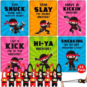 Sticky Stress Relief Valentines with Cards for Kids School Party Favor, Flying Elastic Slingshot Valentines Cards Gifts for Boys Girls Classroom Exchange, 24 Packs (Blue)