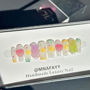 100% Handmade Nails Medium Candy Bear Press On Nails Luxury & Custom Fake Nails 3DReusable UV Finished False Nails, Hand-Painted Nails Nail Artist Salon With Gift Box Gifts for Women 10PCS M