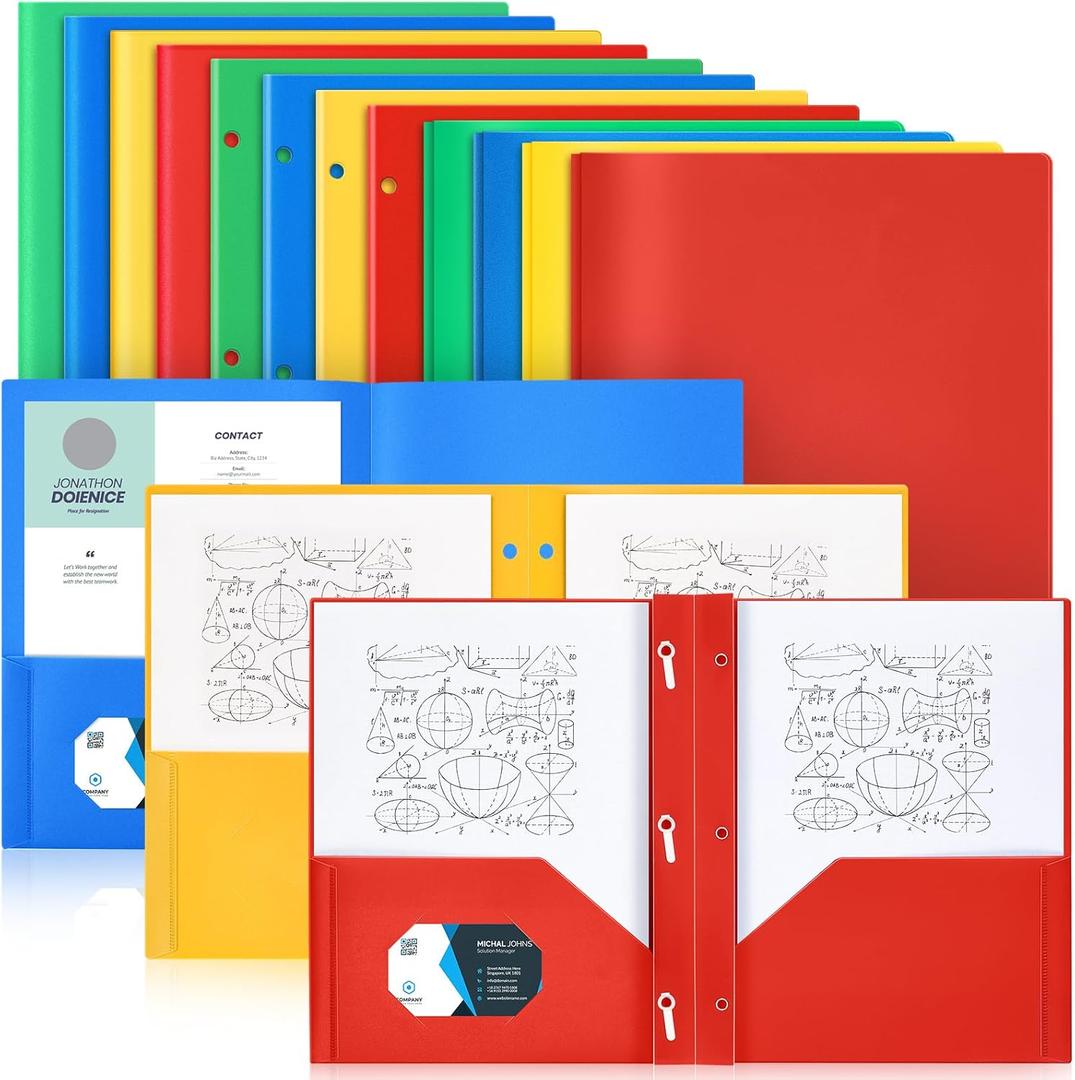 Gueevin 12 Plastic Folders with Pockets, Two Pocket Folder Fit Letter Size, Folders with 3 Prongs and 3 Hole Punch Pocket Portfolios School Business Card Holder for Home Office School