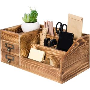 Liry Products Rustic Wooden Desktop Organizer Office Supplies Brown Tabletop Storage Cabinet Stepped Rack Multiple Compartments 2 Tier Drawers Makeup Accessory Jewelry Sorter Display Box Home Office