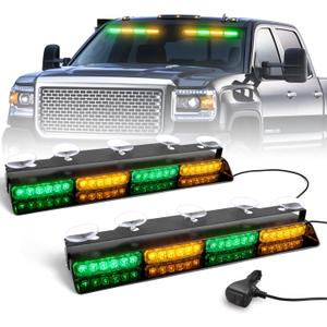 HLauto 6Z4J Emergency Dash Strobe Lights: 2x16.8 inch Green Amber Safety Lights, 48 LED Flashing Warning Hazard Interior Windshield Visor Traffic Light Bar for Trucks, Construction Vehicles, #03 Amber/Green