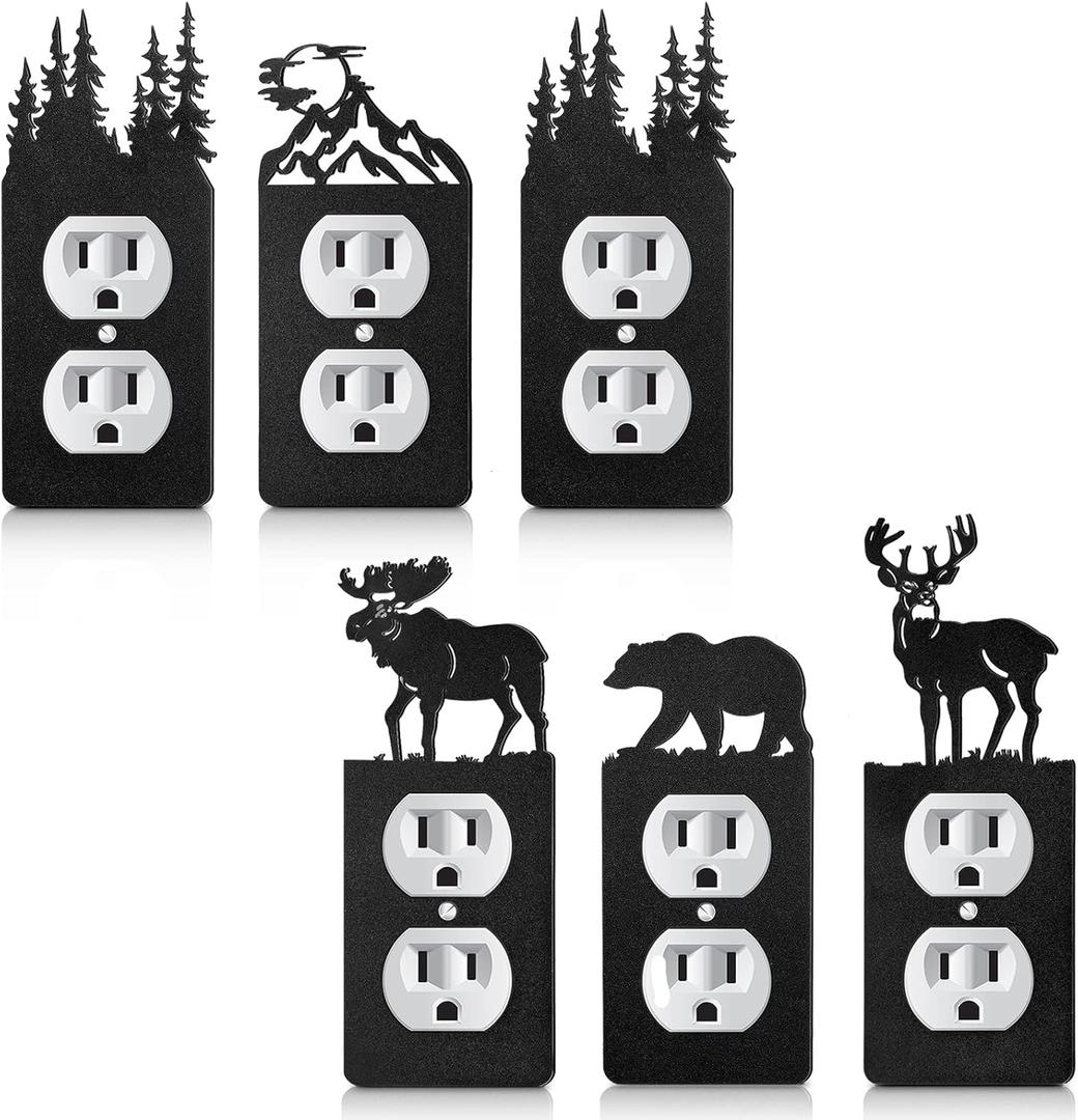 Lothee 6 Pcs Metal Bear Light Switch Cover Plate Moose Tree Mountain Elk Forest Outlet Plate Toggle Outlet Wall Cover for Home(Single Gang Socket)