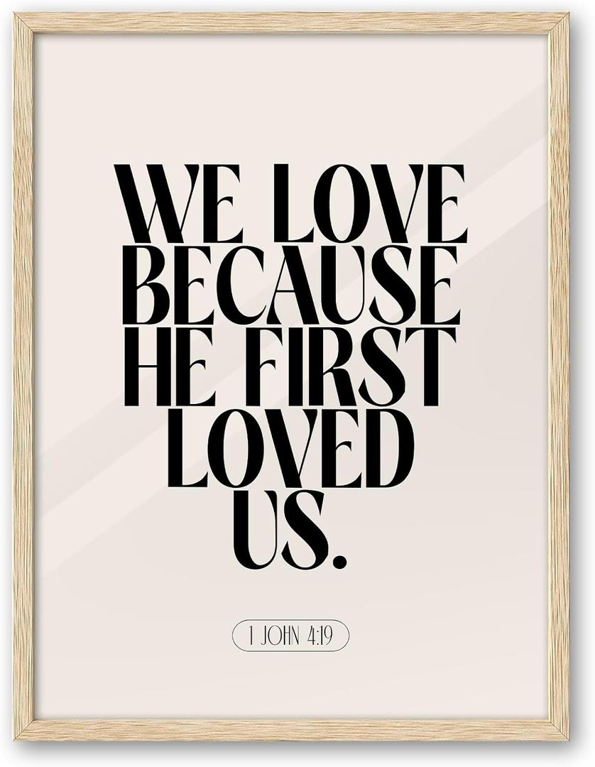 iHery Natural OAK Wood Jesus Framed Wall Art, 12x16 in John 4 19 Christian Modern Bible Verses Canvas Art, We love because He first loved, Beige Logs Boho Scripture 1Pack for Living Room Bedroom (16L" x 12W", Beige Framed John)