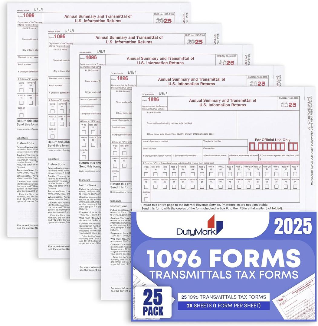 1096 Transmittal Tax Forms 2025, 25 Pack of 1096 Summary Laser Tax Forms, Compatible with QuickBooks and Accounting Software, Use for 1099 NEC, MISC, INT, and Other 1099 Forms
