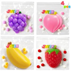 JOYIN 4 Pcs Fruit Taba Squishy Toys, Soft Squeeze Fidgets, Banana, Grape, Strawberry, Peach Fufu Squishy Toys, Cute Taba Squishy Toys for Kids, Party Favors & Gifts
