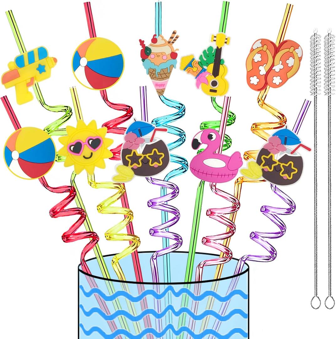24 Reusable Drinking Straws for Summer Beach Pool Birthday Party Favors Decorations - Crazy Silly Plastic Drink Straws for Kids Tropical Hawaiian Luau Theme Party Supplies Decor, School Prizes Rewards