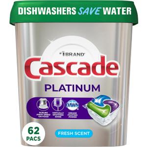 Cascade Platinum Dishwasher Pods, Dishwasher Detergent, Actionpacs, Fresh, 62 Count
