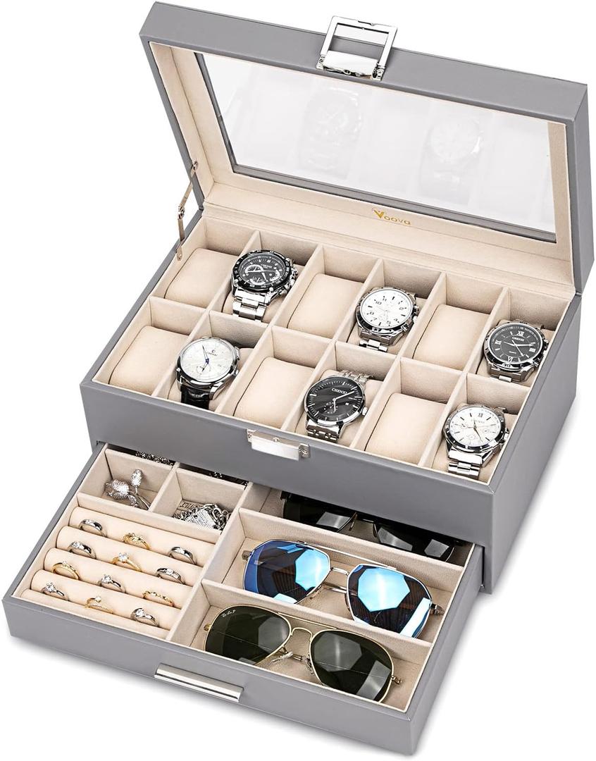Voova Glass Top Watch Storage Case, Jewelry Organizer, Gray | 2-layer PU leather watch organizer with 12 slots and glass lid for watches, sunglasses, rings and necklaces