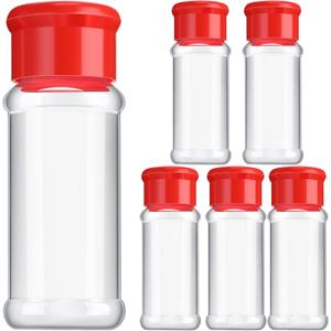 Geiserailie 6 Pieces Plastic Salt and Pepper Shakers with Lid 3.5 oz Clear Spice Seasoning Bottle Containers Moisture Proof Dispenser for Storage Salt Sugar Spice Herbs and Powders(Red)