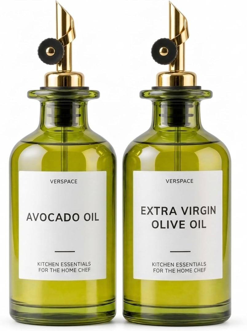 Verspace UV-Protected Green Glass Olive Oil Dispenser Bottles For Kitchen - 2 Pack - 12oz Includes 40 Kitchen Essential Labels, Avocado Oil Dispenser Set, Modern Decor for Home, Airbnb, Cafe Set of 2