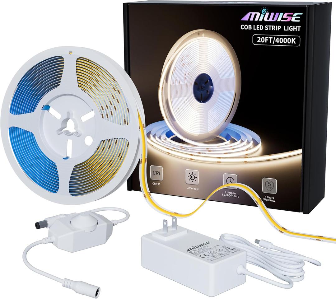 MIWISE COB LED Strip Light 20ft/6.1m,CRI 90+ Natural White 4000K High Lumen Dimmable Super Bright Flexible DC24V LED Tape Light with Controller/Dimmer,for Cabinet Home Office DIY Lighting Projects
