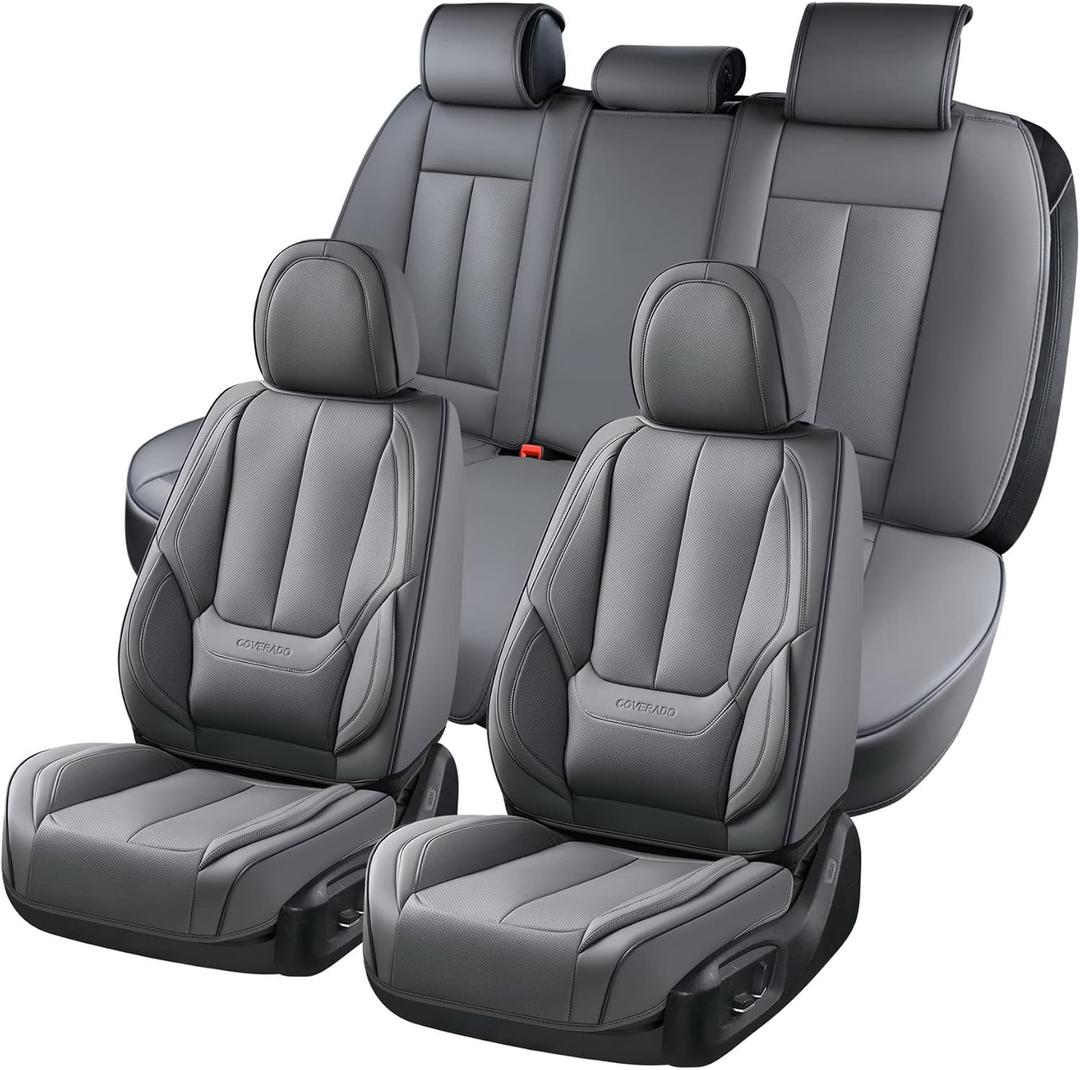 Coverado Car Seat Covers Full Set, Seat Covers for Cars, Gray Car Seat Protector Waterproof, Nappa Leather Car Seat Cushion, Car Seat Covers Front Seats and Back Fit for Most Cars