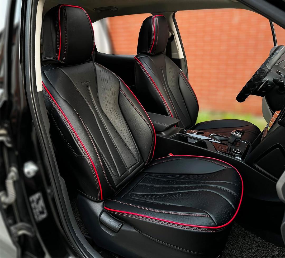 PINCTROT Car Seat Covers Front Set, Breathable Soft Pebbled Leather, Luxury Waterproof Seat Cushion, Airbag Compatible, Seat Protector Universal Fit Most Cars (Front Set, Black Red Trim)