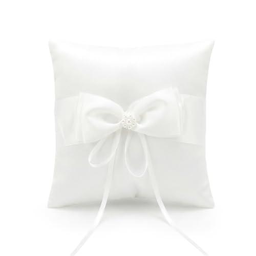 Fampery 1PCS Wedding Ring Pillow, 5.5'' X 5.5'' Lovely Lace Pearl Ivory Ring Bearer Cushion for Wedding Proposal Ceremony Party