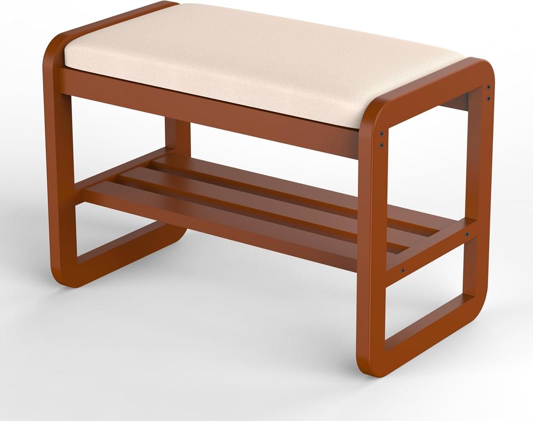 Wuditure Solid Wood Shoe Rack, 2 Tier Shoe Storage Bench with Cushion Seat, 6 Pair Shoe Organizer for Entryway, Small, Cherrywood, 24 Inch