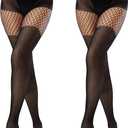 Faux Thigh High Tights for Women - Fishnet Gothic Pantyhose, High Waist Over-The-Knee Goth Leggings (Black)