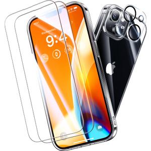 5 x Diamond Clear for iPhone 14 Case with 2X Screen Protector + 2X Camera Lens Protector, [Not Yellowing][Military-Grade Protection] Slim Thin Shockproof Phone Case for iPhone 14, Clear