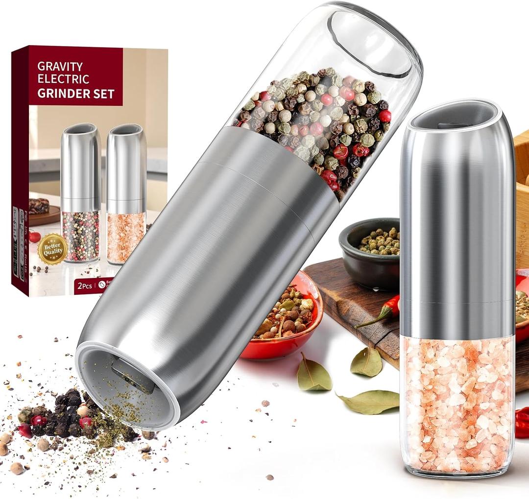 Electric Gravity Salt and Pepper Grinder Set Automatic Battery Powered Pepper Mill Shakers Kitchen Essentials Adjustable Larger Capacity With Led Practical Gifts For Housewarming Women Spice Grinder