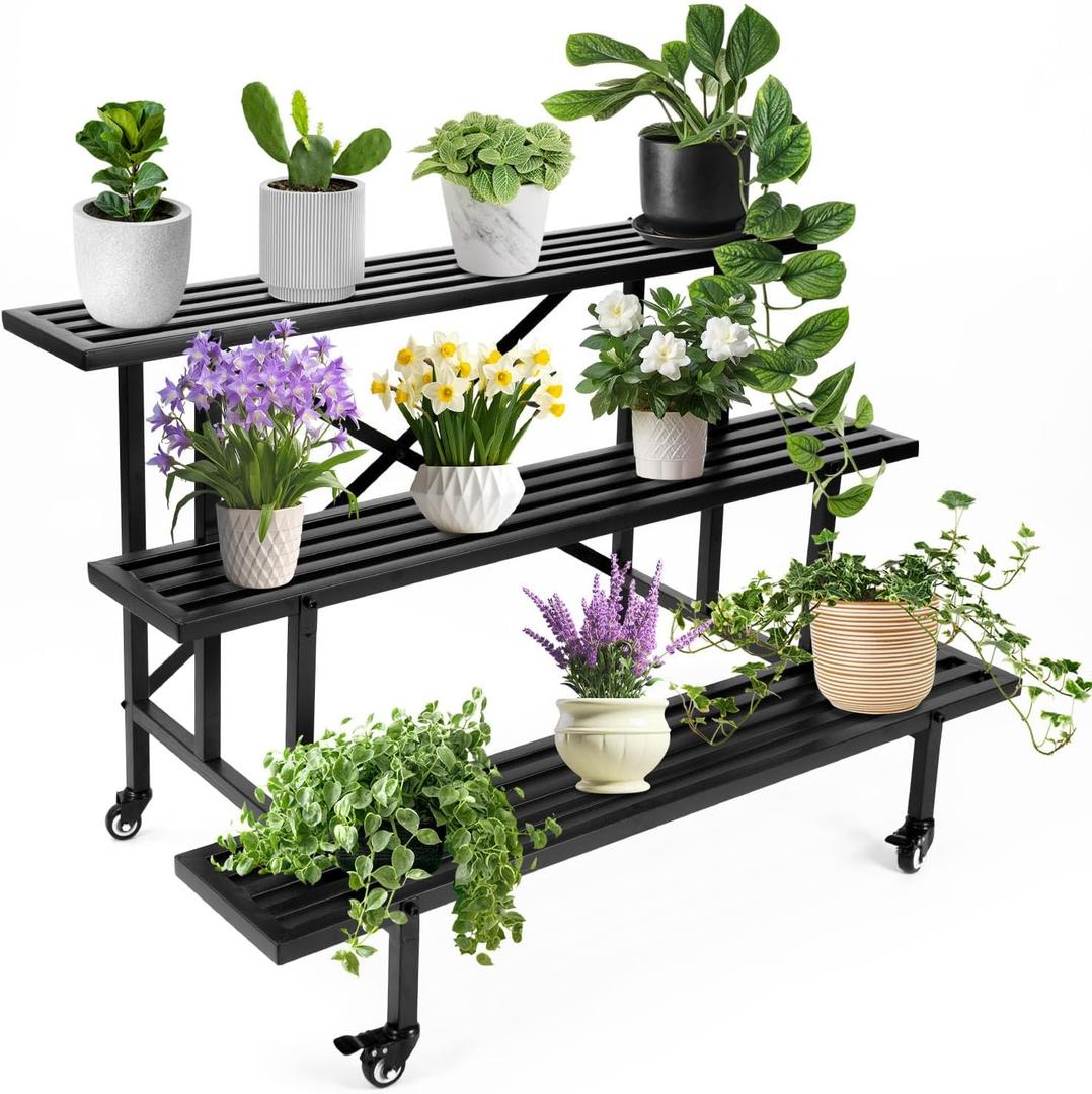 3-Tier Sturdy Metal Plant Stand with Wheels, Heavy-Duty Plant Holder Shelf, Space-Saving Garden Display Rack, 660 lb Capacity, 45.67''L x 26''W x 23.6''H
