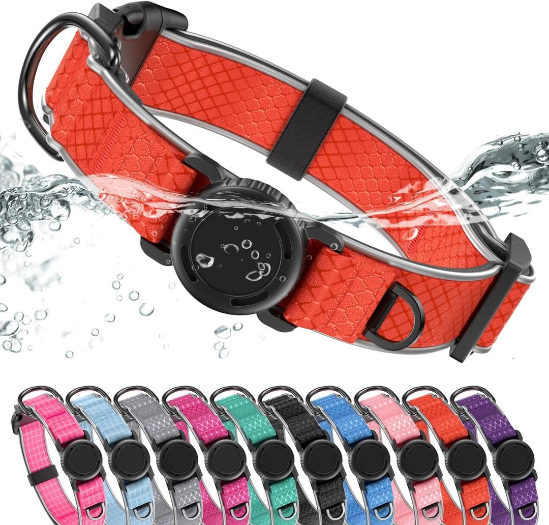 WhoseID Airtag Dog Collar | with Waterproof Air Tag Holder | QR Code Pet ID |Durable Comfortable Oxford Padded | Reflective Collar | for Outdoor Medium Dogs(Red,M,13''~19'')