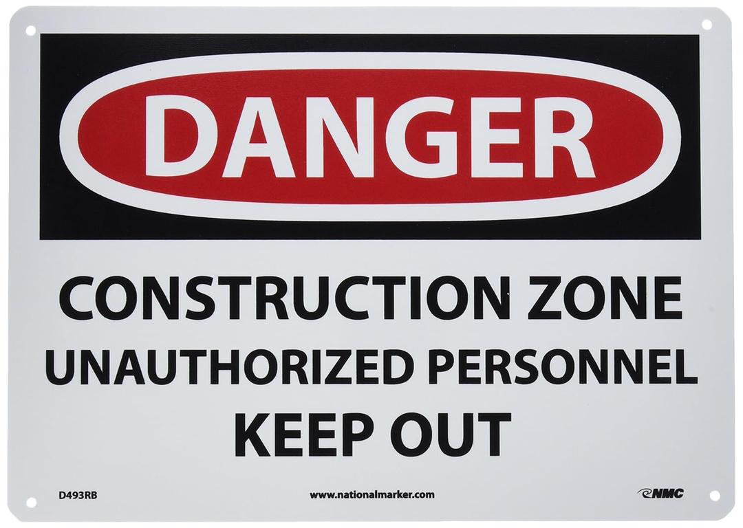 NMC D493RB OSHA Sign, Legend "DANGER - CONSTRUCTION ZONE UNAUTHORIZED PERSONNEL KEEP OUT", 14" Length x 10" Height, Rigid Plastic, Black on White