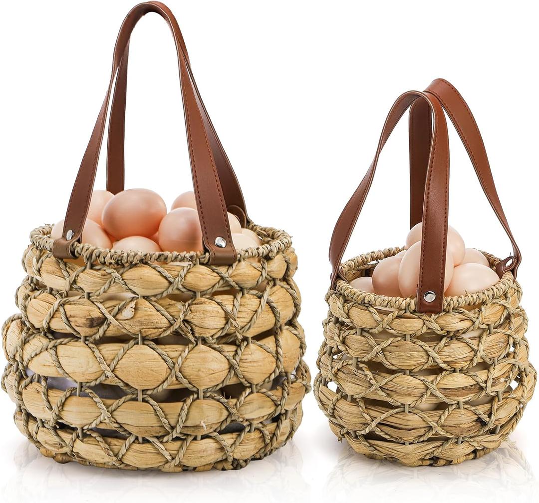 Goaste 2 Sizes Egg Collecting Baskets with Handle, Round Chicken Egg Storage Baskets, Handwoven Wicker Eggs Container for Gathering Fresh Eggs, Vintage Countertop Picnic Basket for Harvest, Kitchen