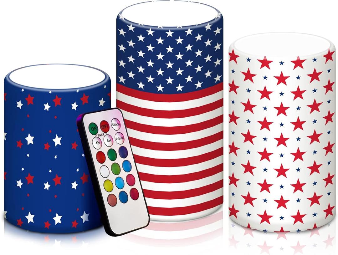 Retisee 3 Pcs Patriotic American Flag Flameless Candles 4th of July Battery Operated Candles Independence Day Flickering LED Pillar Candles for Memorial Day Decor with Remote Control (Stylish Style)