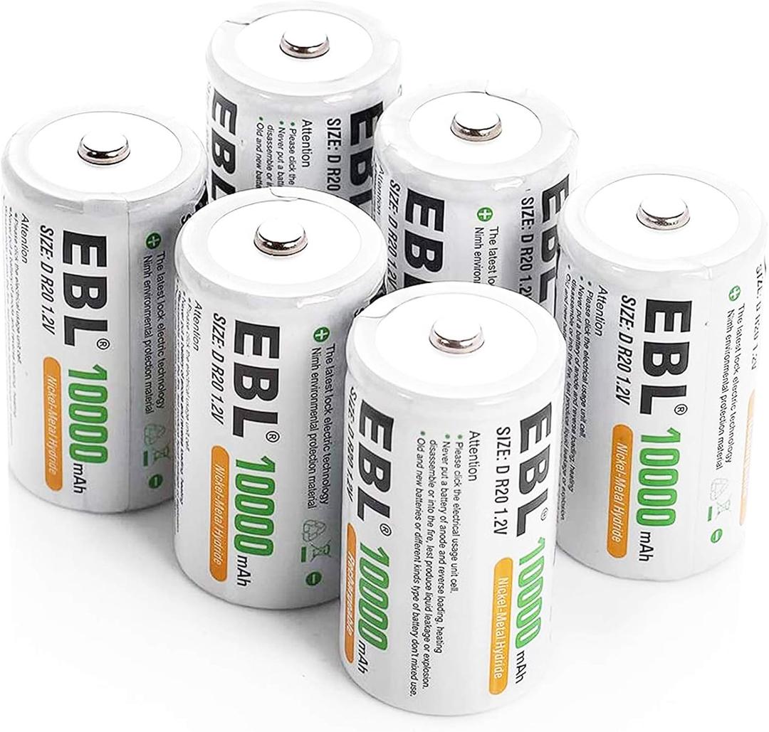 EBL D Battery D Size Rechargeable Batteries 10,000mAh Ni-MH, Pack of 6 - ProCyco Technology