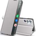 for Galaxy S24 FE 5G Case View Clear Window Leather Hard PC S24 FE Case Slim Mirror Kickstand Luxury Flip Shockproof for Samsung Galaxy S24 FE 5g Cover Protective (Gray)