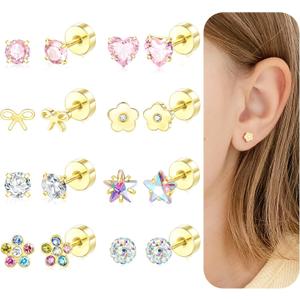 Hypoallergenic Earrings for Girls Women, 14k Gold Toddler Screw Back Earrings for Kids Baby Lightweight Surgical Stainless Steel Flower Bow Pink Heart Star CZ Flat Back Stud Earring for Sensitive Ears