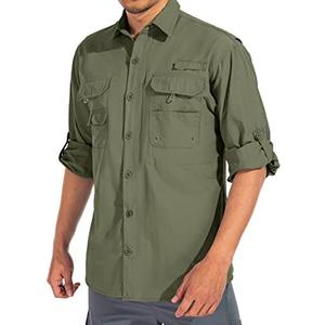 Men's Sun Protection Fishing Shirts Long Sleeve Travel UPF 50+ UV Quick Dry Cooling Safari Camping Hiking Button Down Shirts, (Army Greem, 3XL)
