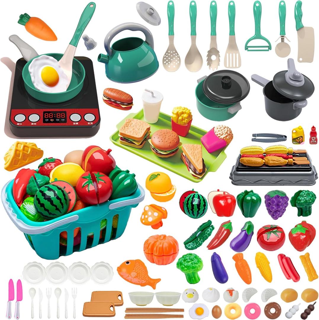108Pcs Kids Kitchen Toy Accessories, Toddler Pretend BBQ Camping Cooking Playset, Utensils Cookware Toys, Play Food Set, Toy Vegetables, Learning Gift for Girls Boys (Green)