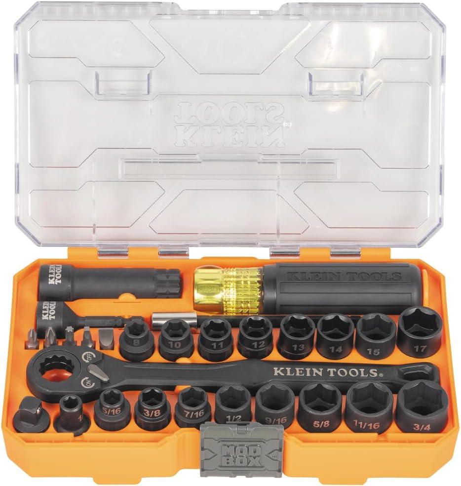 Klein Tools 65400KNECT KNECT Essential Pass Through Impact Socket Set, SAE and Metric, 90-Tooth Ratchet, MODbox Case, 3/8-Inch Drive, 28-Piece