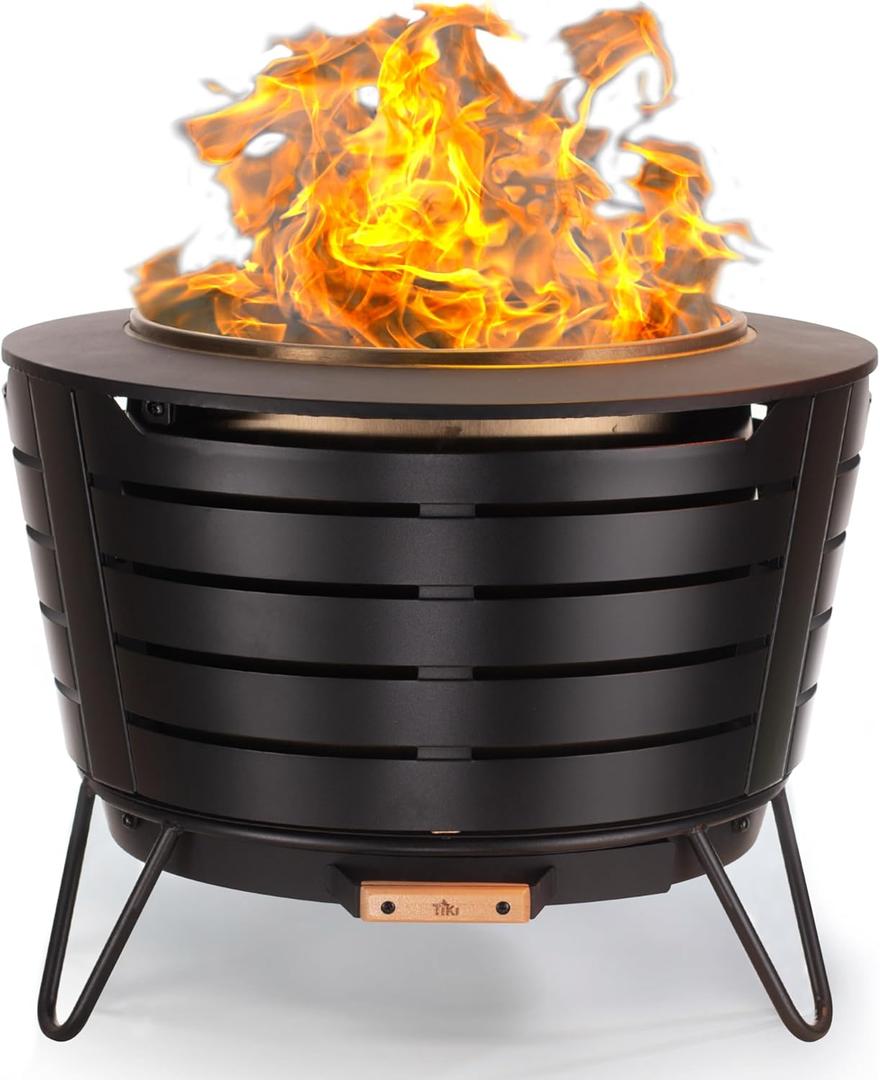 TIKI Patio Fire Pit Bundle  25-Inch Smokeless Wood Burning Outdoor Fire Pit for Backyard, Patio, Deck & Garden with Removable Ash Pan, Stand & Weather-Resistant Cover  Modern Black Stainless Steel