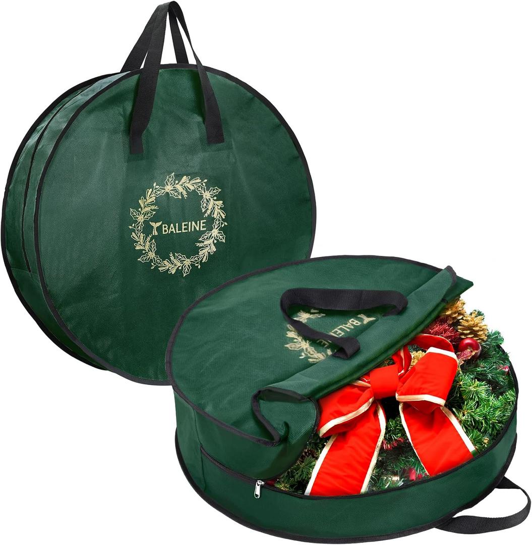 BALEINE 2 Pack Wreath Storage Container, Christmas Wreath Storage Bag with Reinforced Handle for Holiday Xmas (Green, 30"X8")