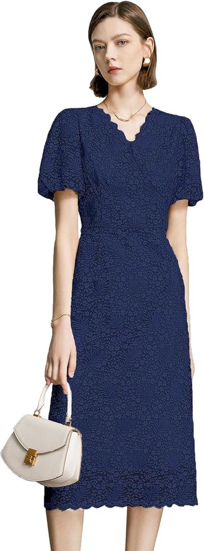 Women's Lace Floral V-Neck Dress with Puff Sleeves and Back Zipper, Elegant and Romantic Design (Medium)