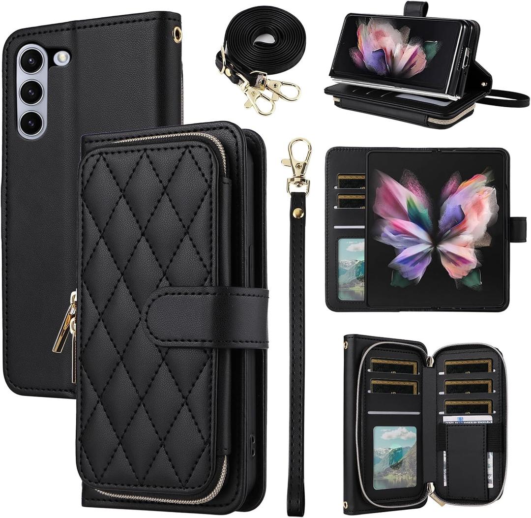 Wallet Case for Samsung Galaxy Z Fold 5 5G 2023 with Wrist Strap, Crossbody Shoulder Strap, 9+ Card Slots Zipper Purse, Luxury PU Leather Stand Cell Phone Cover for ZFold5 Z5 G Fold5 5Z Black