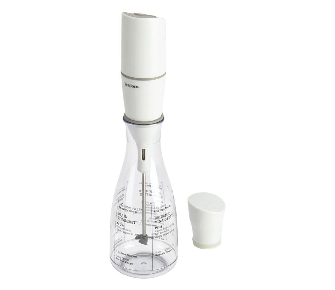 BonJour Chef's Tools Plastic Salad Dressing Carafe and Handheld Mixer, 12-Ounce, Salad Chef, White/Clear