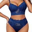 Avidlove Lingerie Sets for Women Bra and High Waist Panty Sets 2 Piece Lace Babydoll Outfits Navy Blue M