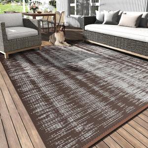 MontVoo Outdoor Rug Waterproof 5x8 ft Outdoor Carpet Patio Rug Mat Reversible RV Camping Rug Plastic Straw Outside Rug for Balcony Porch Deck Picnic Beach Modern Beige Brown