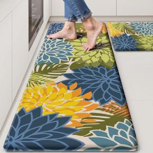 Kitchen Mats for Floor 2PCS Cushioned Anti Fatigue Kitchen Mats Waterproof Non Slip Kitchen Mat Rug Set Comfort Foam Standing Mat for Sink, Laundry, Office, Yellow Green (17.3"x30"+17.3"x47"-0.4 inch)