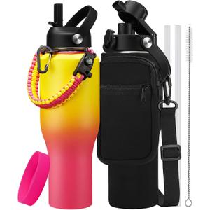 Insulated Water-Bottle 40 oz Tumbler - Fits in Any Cup Holder, Keep Cold 48H Hot 24H, Stainless Steel Water bottle with Straw, Spout Lid, Paracord Handle, Carrier Bag, Silicon Boot for Road Trip (Yellow Pink)