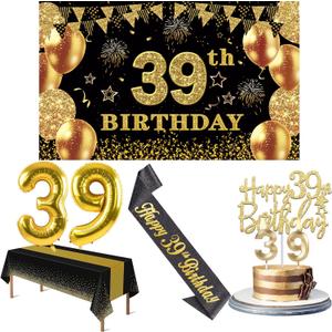 39th Birthday Decorations Men Women with 39th Birthday Banner, Black and Gold Table Cloth, Number Balloons, Large Sash, Cake Topper and Candles