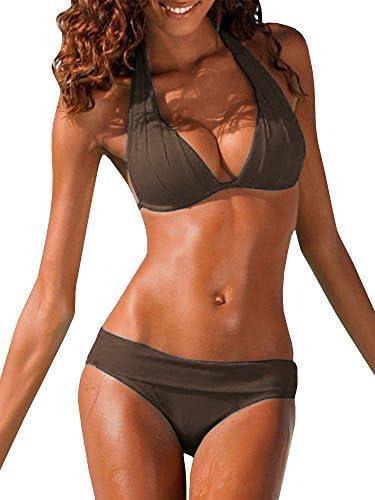 Womens Halter Padded Top Push up Bikini Set Two Piece Bathing Suit (X-Large, Brown)
